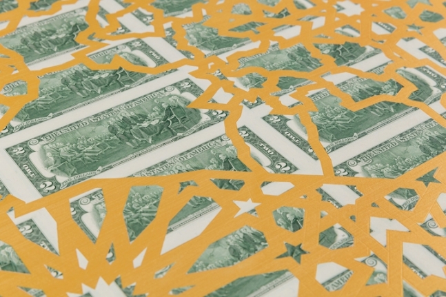 Abdullah M. I. Syed Mapping Investment: Iraq (Detail 1) 2017 Hand-cut U.S. $2 banknote sheet and banknote collage with acrylic on wasli 20.25 x 50.25 in
