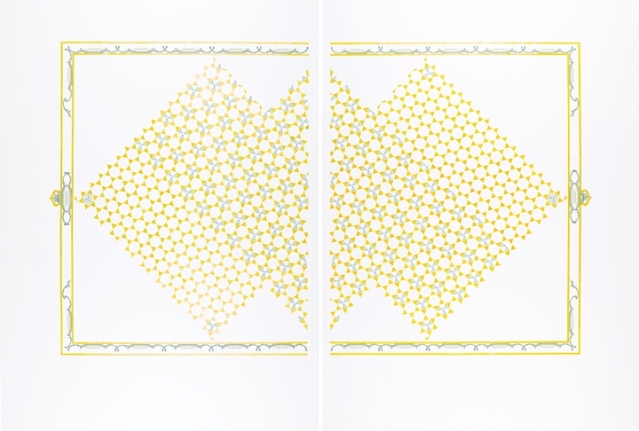 Abdullah M. I. Syed Illuminated Prisms Manuscript II: Page 3 Recto/Verso 2017 Hand-cut U.S. $1 banknotes collage and 24K gold on illustration board 39.5 x 59 in.