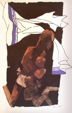 M F Husain FAMILY (Mother Teresa Series) Limited edition serigraph (edition of 300) individual serigraph $2,000; set of 3 $5,000 24 x 18 in.