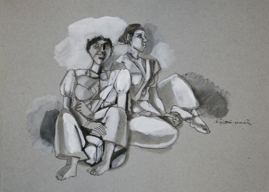 Two Happy Women ND Watercolor and pen on grey paper 14 x 10 in.