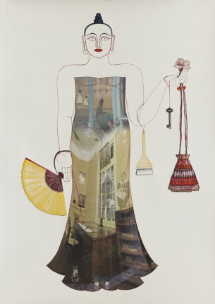 Rekha Rodwittiya Matters Of The Heart (Figure VI) 2014 Digital inkjet print with autobiographic photo images and hand-painted watercolor on paper 84 x 60 in.