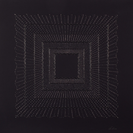 Anila Quayyum Agha Kaaba - Grey 2016 Mixed media on paper (Black and copper beads and embroidery on black paper) 29 x 29 in.