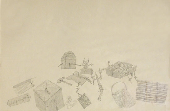 Laxma Goud BITS & SCRAPS SICKLE 1976 Pencil on paper 19 x 30 in. SOLD
