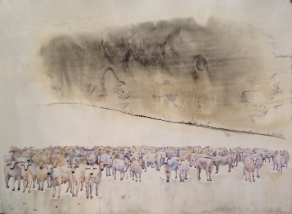 G. R. Iranna, Untitled (African Cows), 2014, Watercolor on paper, 42 x 56 in