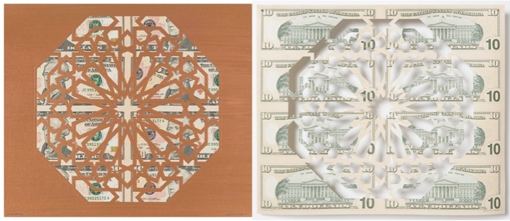 Abdullah M. I. Syed Divine Structure: Octagon (Diptych) 2017 Hand-cut U.S. $10 banknot sheet and banknote collage with acrylic on wasli 10.25 x 24.5 in.