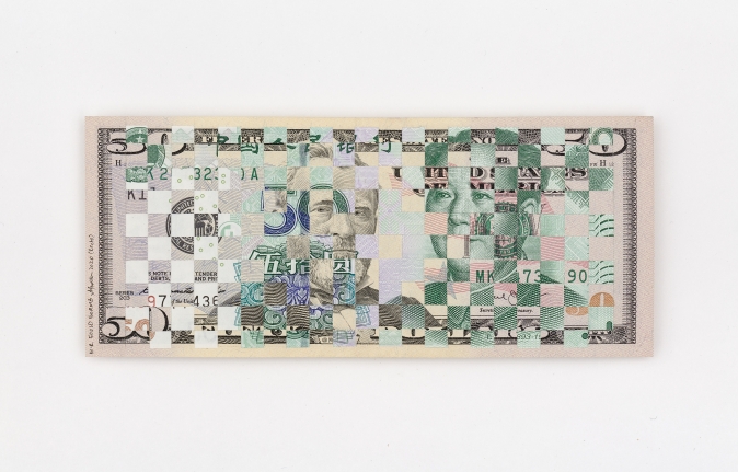 Abdullah M. I. Syed Weaving Myths and Realities: 50 US dollar and 50 Chinese RMB (Portrait, Recto), 2020 Hand-cut and woven uncirculated 50 US Dollar and 50 Chinese RMB and archival tape 6.60h x 15.50w in