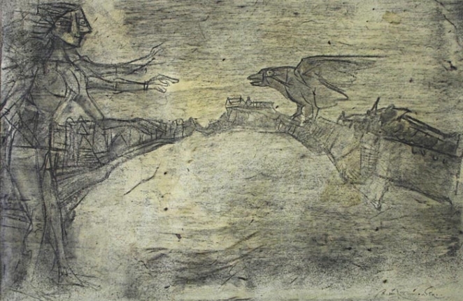 K. Laxma Goud MAN AND BIRD Mixed media on paper 13.5 x 20.5 in. SOLD