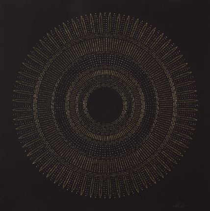 Anila Quayyum Agha Circle The Kaaba (Chartreuse) 2016 Mixed media on paper (Black and chartreuse beads and embroidery on black paper) 29 x 29 in.