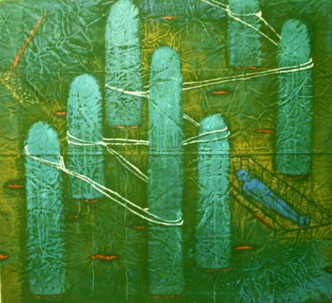 G. R. Iranna, Untitled (Green Posts), 1997, Acrylic on Burlap, 66.25 x 72 in