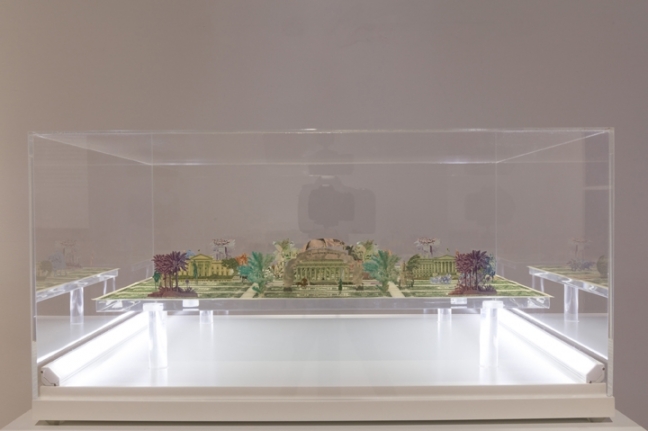 Abdullah M. I. Syed Moneyscape VI: Playground of Alternative Economies 2017 Hand-cut and assembled various uncirculated banknotes in custom light-box vitrine 22 x 22 x 10 in.