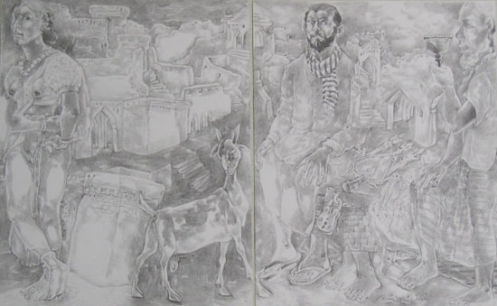 UNTITLED ( MAN AND WOMAN BY ROCKS ) Pencil on paper 7.5 x 18.5 in.