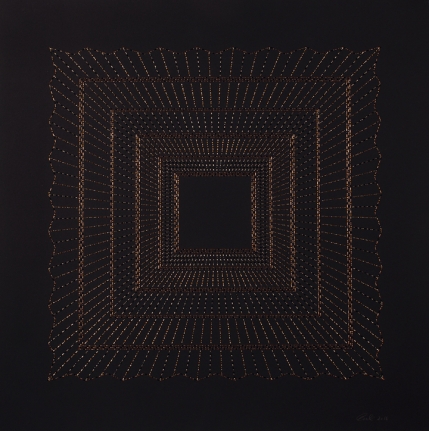 Anila Quayyum Agha Kaaba - Copper 2016 Mixed media on paper (Black and copper beads and embroidery on black paper) 29 x 29 in.