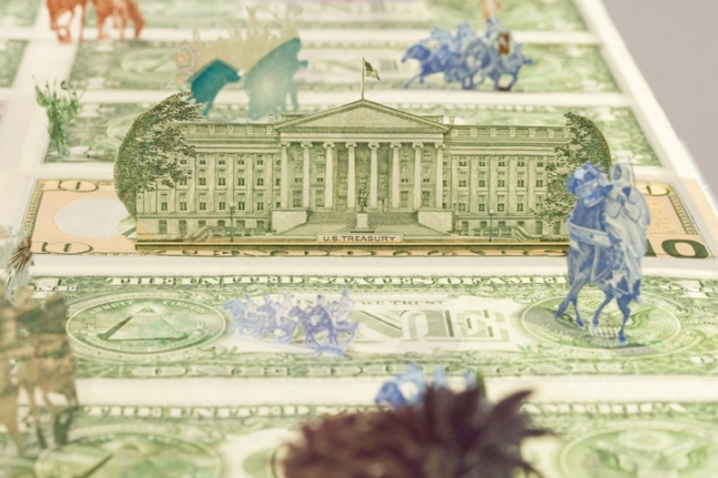 Abdullah M. I. Syed Moneyscape VI: Playground of Alternative Economies (Detail) 2017 Hand-cut and assembled various uncirculated banknotes in custom light-box vitrine 22 x 22 x 10 in