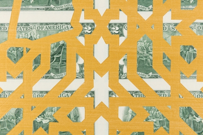 Abdullah M. I. Syed Mapping Investment: Afghanistan (Detail 2) 2017 Hand-cut U.S. $2 banknote sheet and banknote collage with acrylic on wasli 20.25 x 50.25 in