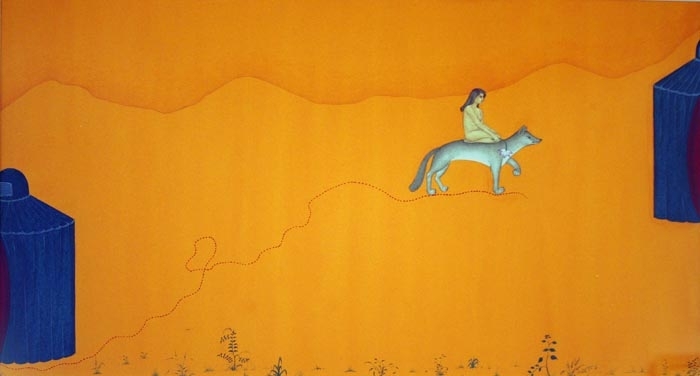 Waseem Ahmed UNTITLED (WOMAN ON FOX) Gouache on wasli 12 x 20 in.
