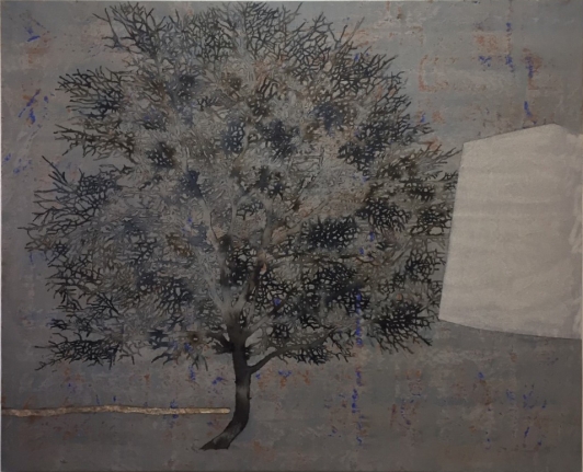 A dead tree in front of a grey background.