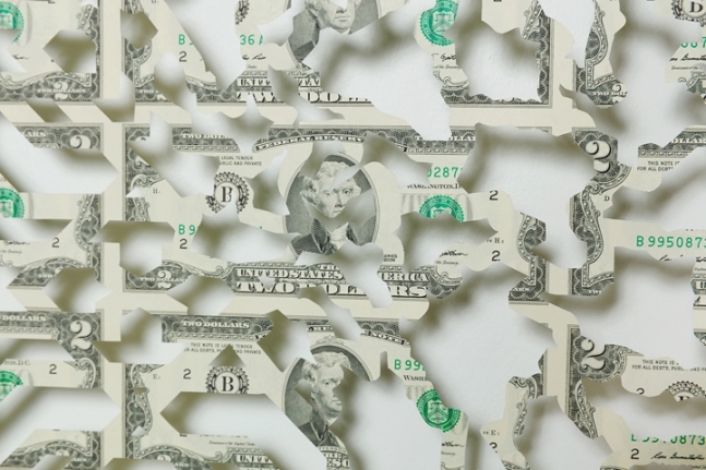 Abdullah M. I. Syed Mapping Investment: Afghanistan (Detail 1) 2017 Hand-cut U.S. $2 banknote sheet and banknote collage with acrylic on wasli 20.25 x 50.25 in