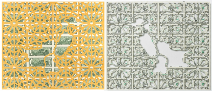 Abdullah M. I. Syed Mapping Investment: Pakistan, 2017, Hand-cut U.S. $2 banknote sheet and banknote collage with acrylic on wasli, 20.25 x 50.25 in