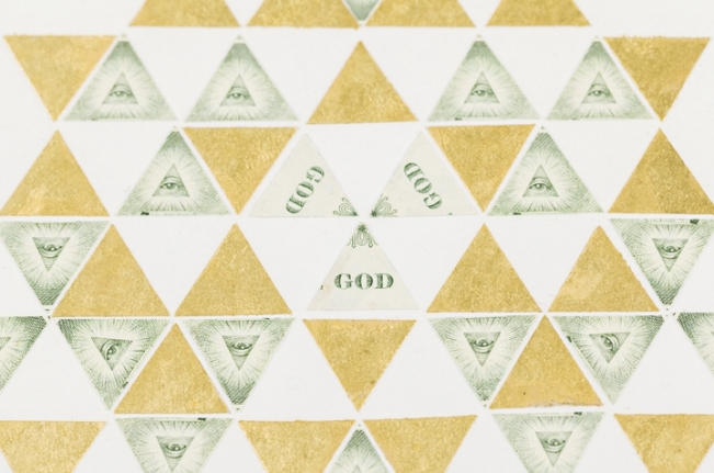 Abdullah M. I. Syed Illuminated Prisms Manuscript I: Pg. 4 (Detail) 2017 Hand-cut U.S. $1 banknotes collage and 24k gold on Illustration board 22.75 x 15 in