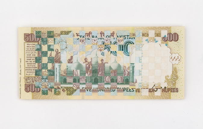 Abdullah M. I. Syed Weaving Myths and Realities: 500 Pakistani Rupee and 500 Indian Rupee (Structures, Verso), 2020 Hand-cut and woven uncirculated 500 Pakistani Rupee and 500 Indian Rupee and archival tape 6.54h x 2.87w in