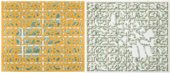 Abdullah M. I. Syed Mapping Investment: Afghanistan, 2017 Hand-cut U.S. $2 banknote sheet and banknote collage with acrylic on wasli 20.25 x 50.25 in