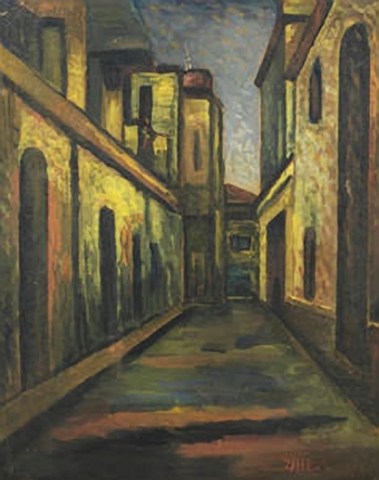 Jamini Roy Untitled (City Street) Tempera on card 21.5 x 17 in.