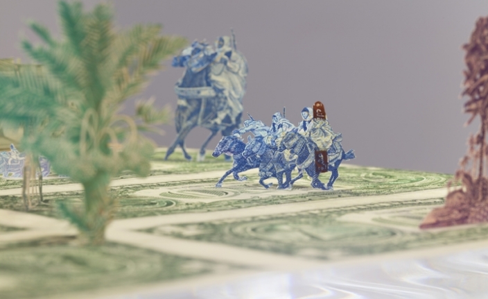 Abdullah M. I. Syed Moneyscape VI: Playground of Alternative Economies (Detail) 2017 Hand-cut and assembled various uncirculated banknotes in custom light-box vitrine 22 x 22 x 10 in