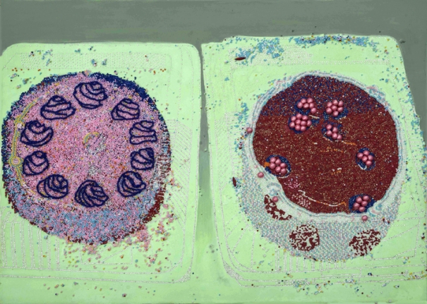 Saba Khan Cakes in Plastic Boxes, 2015 Crystals, beads and acrylic on canvas 22 x 29.94 in