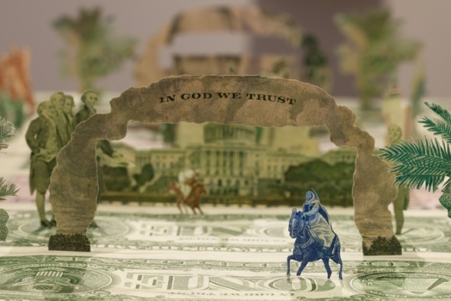 Abdullah M. I. Syed Moneyscape VI: Playground of Alternative Economies (Detail) 2017 Hand-cut and assembled various uncirculated banknotes in custom light-box vitrine 22 x 22 x 10 in
