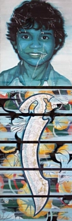Reena Saini Kallat SWORD SWALLOWER - BOY 2006 Acrylic on canvas 77 x 22 in.