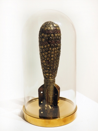 Promotesh Das Pulak Untitled (For a pretty large explosion), 2019 Drawing on paper, brass, copper 10.50 x 5 in