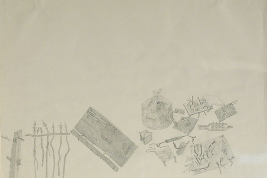 Laxma Goud BITS & SCRAPS TRUNK, HANDBAG 1975 Pencil on paper 19 x 30 in. SOLD