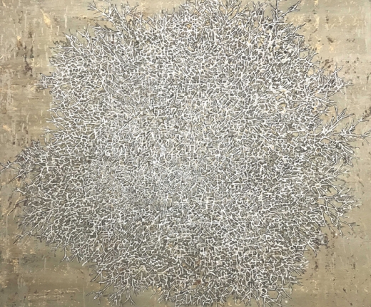 G. R. Iranna Fragile Tree, 2017 Acrylic and ash on tarpaulin 54 x 66 in