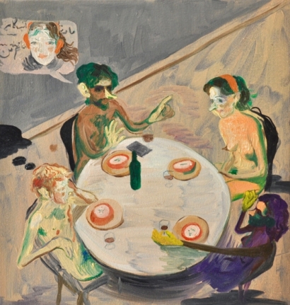 Salman Toor Transliteration Game 2015 Oil on canvas 18 x 17 in.