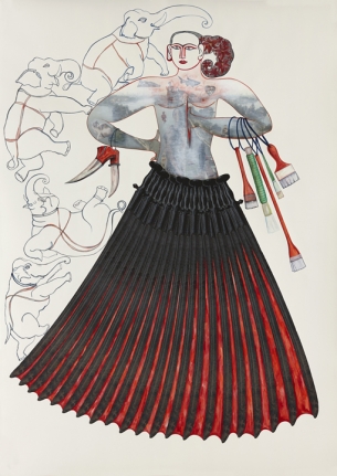 Rekha Rodwittiya Matters Of The Heart (Figure V) 2014 Digital inkjet print with autobiographic photo images and hand-painted watercolor on paper 84 x 60 in.