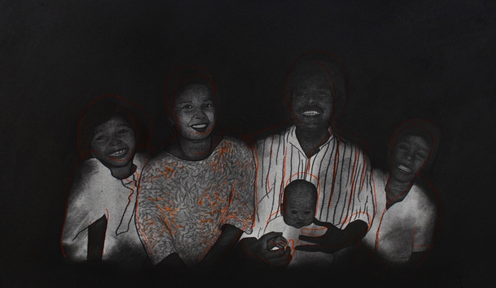 Razin Rubin, Happy Together, 2018, Graphite, carbon paper and fabric paint on mount board, 11.50 x 21 in