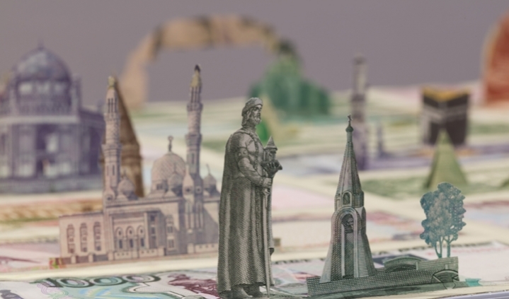 Abdullah M. I. Syed Moneyscape V: Temenos (Detail) 2017 Hand-cut and assembled various uncirculated banknotes in custom light-box vitrine 22 x 22 x 10 in