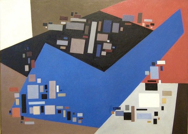 Small Forms Serving Against Large, 1949, oil on canvas, 26.2 x 36.2 in. by Alice Trumbull Mason