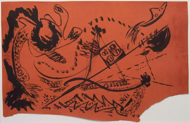 Untitled, c. 1946, brushed black india ink on orange paper, 11 5/8 x 18 in. CR 763