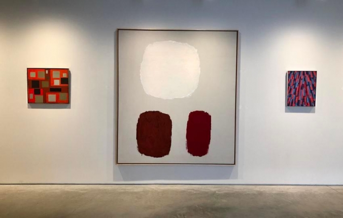 ALICE TRUMBULL MASON, #1 Towards a Paradox, 1969, oil on canvas, 19 x 22 in., RAY PARKER, Untitled, c. 1960, oil on canvas, 75 x 66 1/2 in., MYRON STOUT, Untitled, c. 1950, oil on canvasboard, 20 x 16 in.