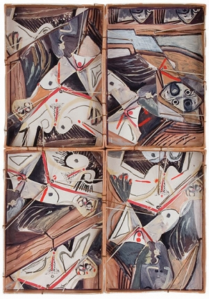 16.IX.09, charcoal, color pencil and acrylic on board with collage, 10 1/4 x 7 1/4 x 3/4 in.