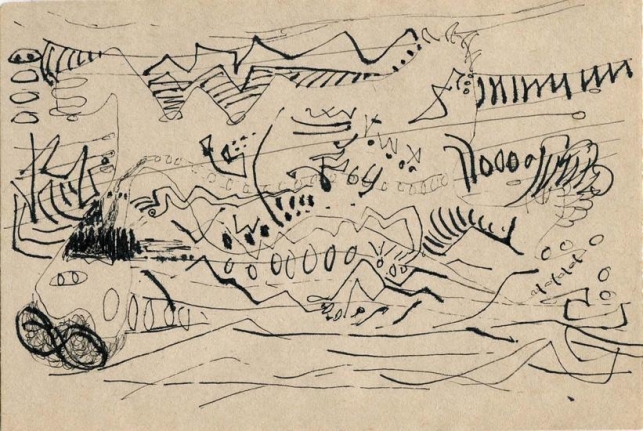 Jackson Pollock, Untitled, c. 1945, pen and black ink on paper, 4 x 6 in. CR#747