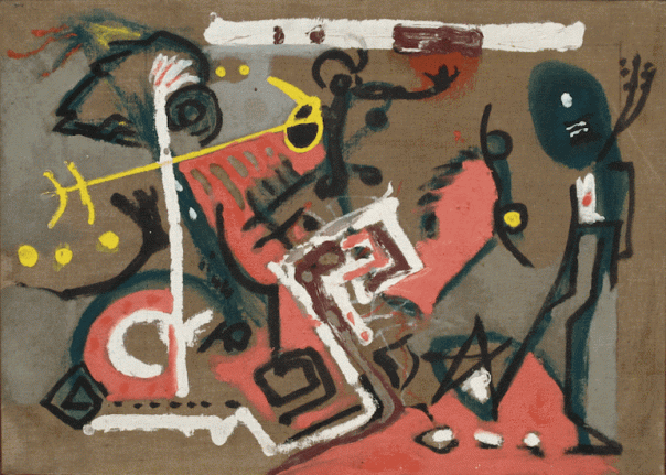 Untitled (Composition on Brown), c. 1945, oil on brown canvas, 15 1/8 x 21 1/8 in. CR132