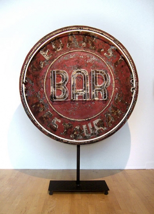 Original Double-sided Sign, painted galvanized metal, copper and neon, 46 in. diameter, 15 in. deep
