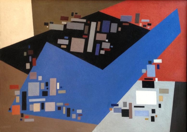 Alice Trumbull Mason, Small Forms Serving Against Large, 1949, oil on panel, 26 ¼ x 36 ¼ in., signed verso