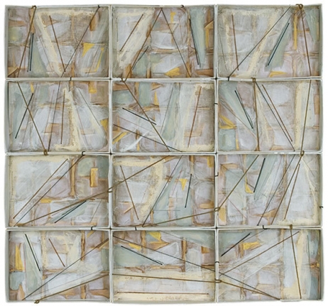 8.X.09, charcoal, graphite and acrylic on board with collage, 14 1/4 x 15 1/4 x 3/4 in.