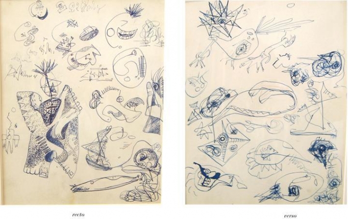 Untitled, c. 1939-42, pen and blue ink with touches of brown crayon on paper, 13 x 10 3/8 in.CR578