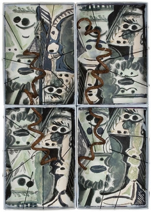4.VIII.09, charcoal, graphite and watercolor on board with collage, 10 1/4 x 7 1/4 x 3/4 in.