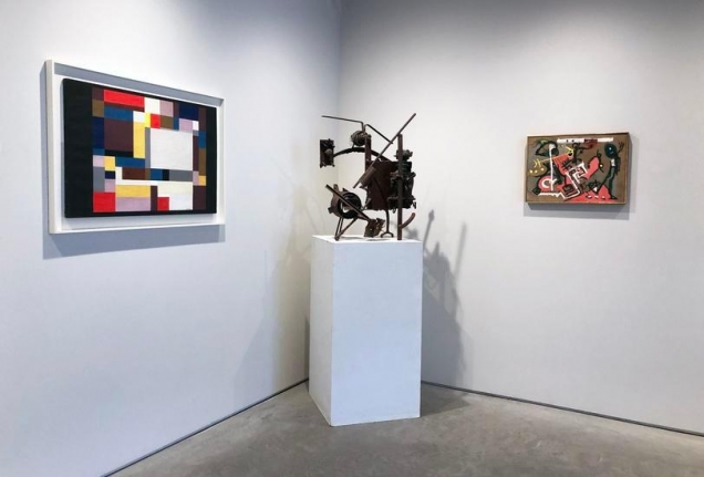 ILYA BOLOTOSKY, Black Light, 1950, oil on canvas, 22 x 34 in., RICHARD STANKIEWICZ, Untitled, 1958, welded steel and found objects, 29 1/4 x 23 3/4 x 18 in., JACKSON POLLOCK, Untitled (Composition on Brown), c. 1945, oil on brown canvas, 15 1/8 x 21 1/8 in., CR132