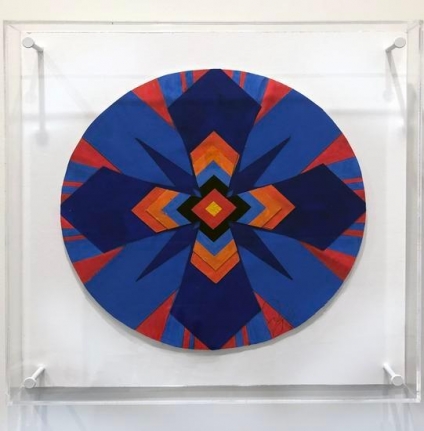 Jack Youngerman, Blues Ultra, 2008-2019, gouache/cut paper, 10 3/4 x 11 in., frame size: 14 x 14 in.